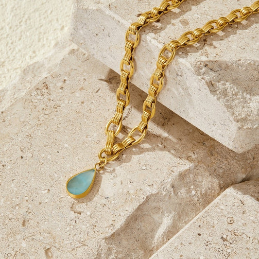 Aqua Stein Tropfen Gold Ketten Halskette Alma